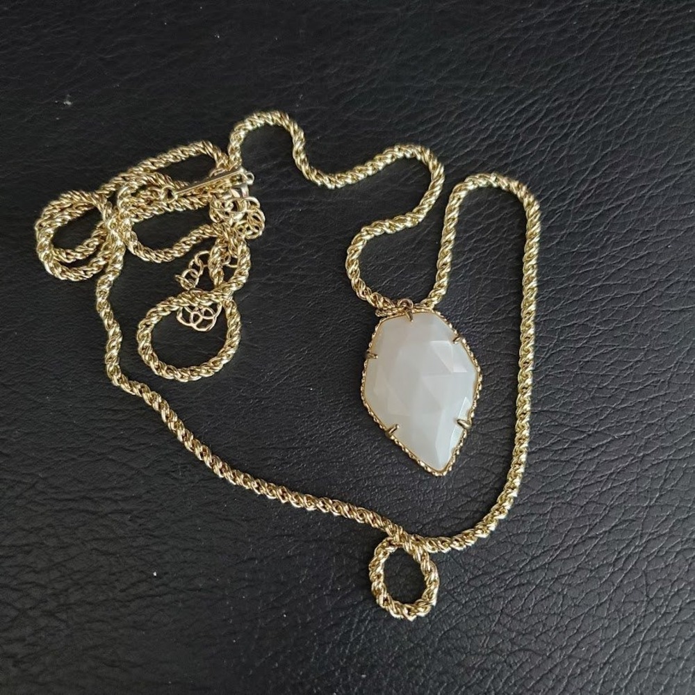 Kendra Scott Corla Necklace Gold Plate White Stone Faceted Pendant Rope Chain